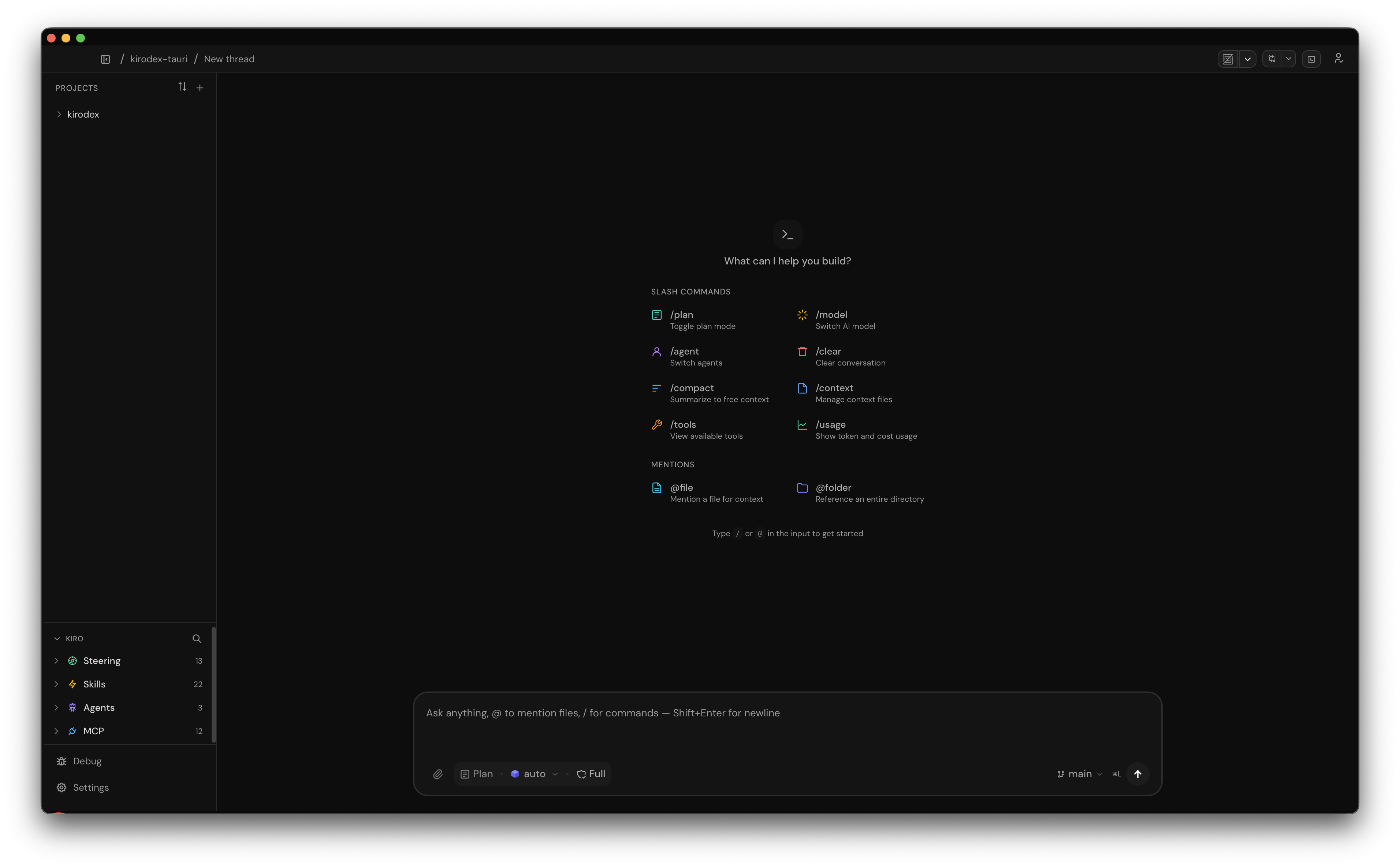Kirodex main view showing the chat interface, sidebar, and slash commands